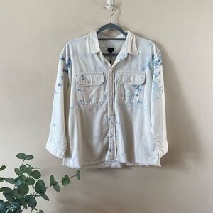 New Joe's Jeans Frayed Hem Button Down Shirt White Blue Tie Dye  Large